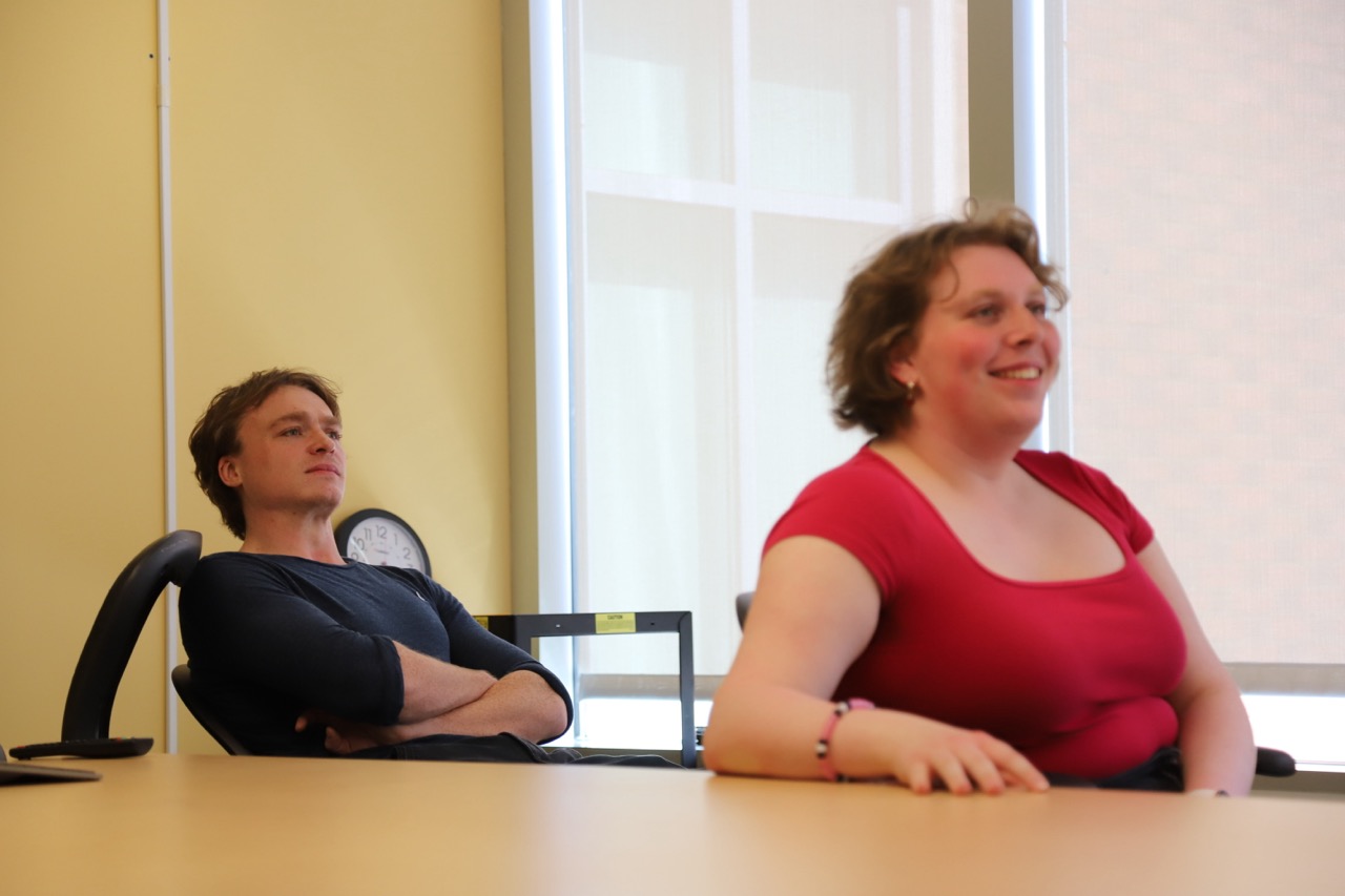 Samuel Bevins and Jasmine Albert in a research discussion